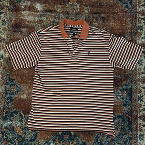 Ashworth Dry Tech Polo Shirt Orange Black White Striped Preppy Golf Mens L